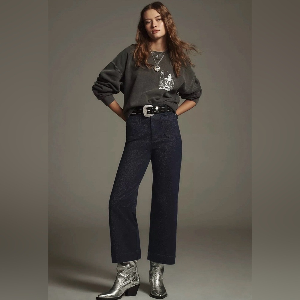 MaEve Anthropologie The Colette 31 Navy Blue Beautiful Sparkly Button Up Pants
